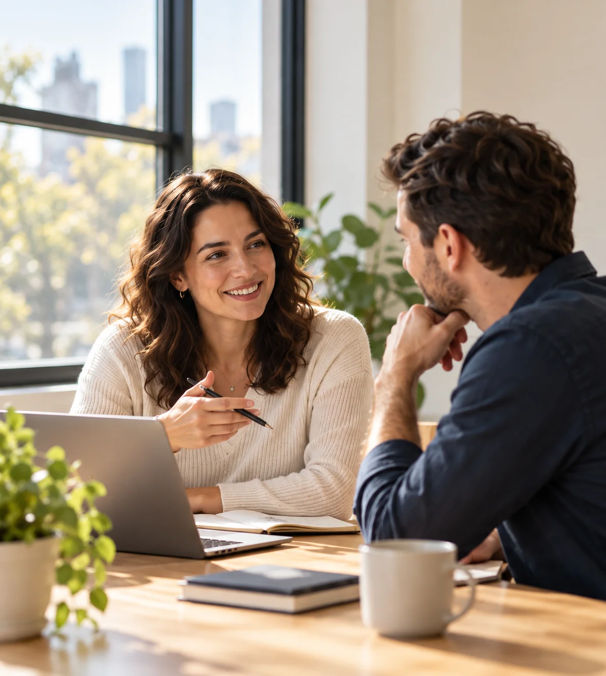 Two professionals discussing a strategy over a notebook and laptop in a sunlit office.